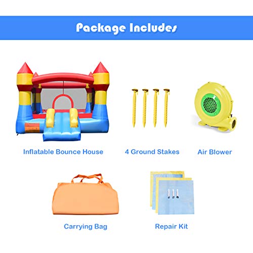 Costzon Inflatable Bounce House, Jumper Castle with Slide, Mesh Walls, Party Bouncy House for Kids Indoor Outdoor Use, Including Carry Bag, Repair Kit, Stakes (with 480W Air Blower)