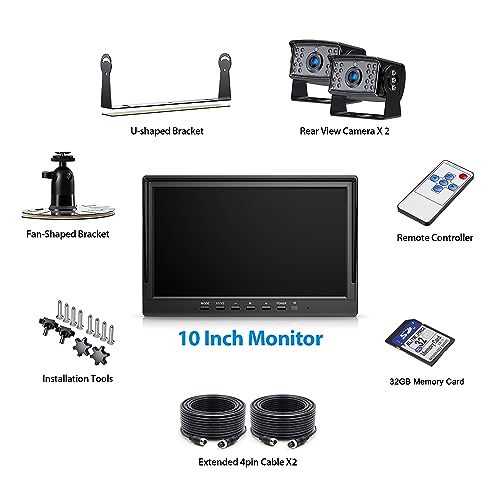 ZEROXCLUB 10" HD Backup Camera System Kit, Loop Recording Large Monitor with Wired Rear View Camera, IR Night Vision Waterproof Camera with Safe Parking Lines for Bus, Semi-Truck, Trailer, RV, BY102A