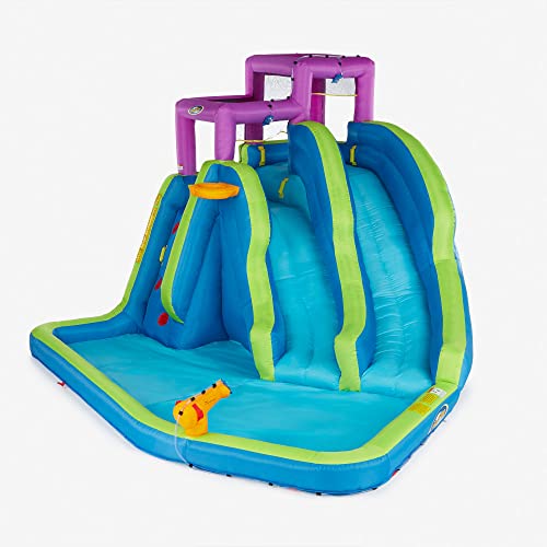 Kahuna 90793 Twin Falls Outdoor Inflatable Splash Pool Backyard Heavy-Duty PVC Water Slide Park with Two Slides, Pump, Climb Wall, and Basketball Hoop