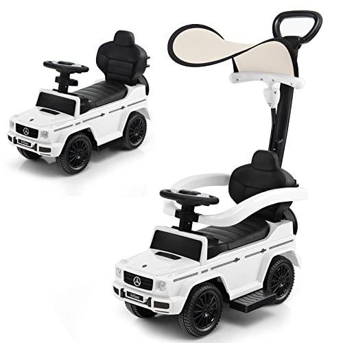Costzon Push Car for Toddlers, 3 in 1 Mercedes Benz Stroller Sliding Walking Car w/Canopy, Handle, Armrest Guardrail, Underneath Storage, Horn Sound, Foot-to-Floor Ride On Toy for Boys Girls (White)