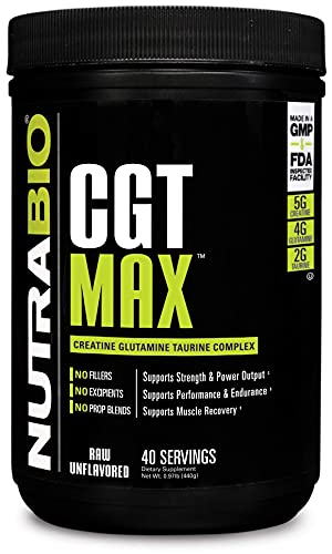 NutraBio CGT-MAX Powder- Creatine, Glutamine and Taurine to Support Muscle Recovery and Strength - 40 Servings - Unflavored