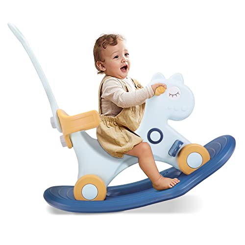4 in 1 Rocking Horse for Toddlers 1-3 Years Old, Balance Bike Ride On Toys with Push Handle, Backrest and Balance Board for Baby Girl and Boy, Unicorn Kids Riding Birthday (Blue)