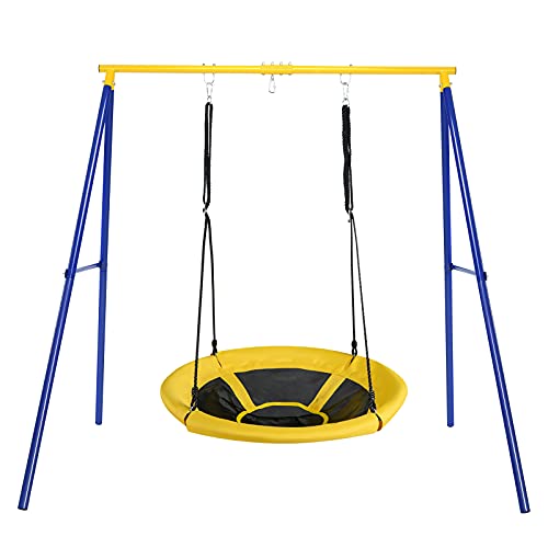Costzon 550lbs Swing Frame Stand with 40'' Saucer Swing, A-Frame Swing Sets for Backyard All Weather w/Ground Stakes and Adjustable Ropes, Great for Indoor Outdoor Kids (Swing Frame with Nest Swing)