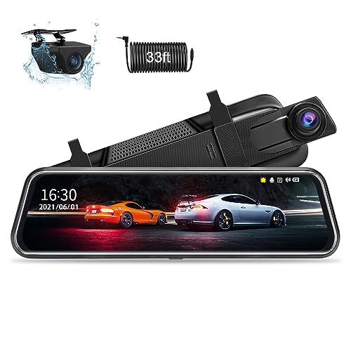 Upgraded 10'' Rear View Mirror Camera Mirror Dash Cam Front and Rear 1080P Backup Camera FHD Full Touch Screen w Loop Recording, G-Sensor, Parking Monitor 170° Wide Angle