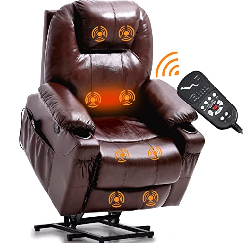 EASELAND Genuine Leather Lift Recliner,Power Lift Recliner Chairs for Elderly with Massage and Heat,OKIN Motor Lift Assist,USB Ports,2 Cup Holders,4 Side Pockets(Brown)