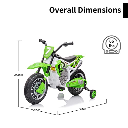 AOKOY Electric Dirt Bike for Kids 12V Battery Powered Electric Motorcycle for Kids Ride On Toy Rechargeable Electric Motorbike with Training Wheels 2 Speeds Music Shock Absorber, Green