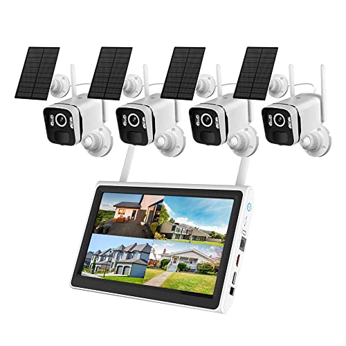 ZHXINSD 2K Solar Security Cameras Wireless Outdoor WiFi with 10" Monitor, 10CH 4MP Wire-Free Camera System, 4PC Battery Powered Security Cameras for Home Security, Waterproof, Floodlight, 64G Storage…