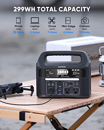 Portable Power Station for Camping 300W 299Wh LiFePO4 Battery Powered Generator, 2 Up to 300W AC Outlets 100W USB C and PD Total 8 Output Ports, Home Battery Backup for Outdoor 93600mAh with LED Light