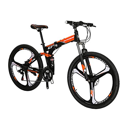 YH-G7 Folding Mountain Bike 27.5 Inches Wheels 21 Speed Full Suspension Dual Disc Brakes Foldable Frame Bicycle for Men (3-Spoke Orange)