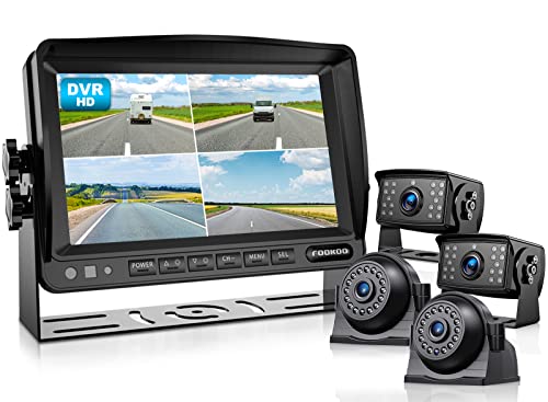 Fookoo HD 1080P 7" Wired Backup Camera System, 7-inch Quad Split Screen Monitor W/Recording, IP69 Waterproof Side View Rear View Cameras, Parking Lines for Truck/Trailer/RV/Tractor/ 5th Wheel (DY704)