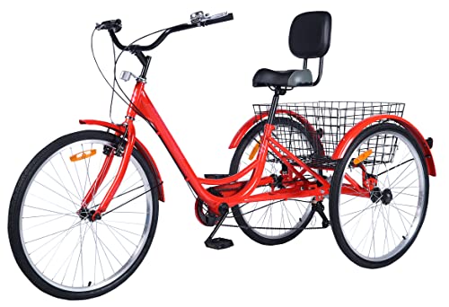 Ey Easygo Adult Tricycle, 3 Wheel Bike Adult, Three Wheel Cruiser Bike, 7 Speed, Wide Handlebar, Pedal Forward for More Space, Red, 26Inch Wheel