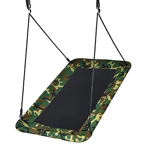 Costzon 700lb Giant 60'' Platform Saucer Tree Swing Set for Kids and Adult, Wear- Resistant Indoor/Outdoor Rectangle Swing w/ Durable Steel Frame and 2 Hanging Straps for Porch, Backyard (Camo Green)