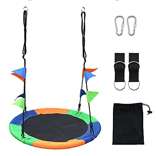 Saucer Tree Swing Seat with Straps and Flags Giant 40 Inches Saucer Swing Outdoor Play for Kids 2 Added Hanging Straps Adjustable Multi-Strand Ropes