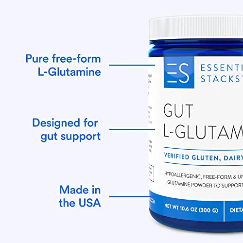 Essential Stacks Gut L-Glutamine Powder - Gluten, Dairy & Soy Free, Vegan, Non-GMO & Hypoallergenic with 3rd Party Allergen Testing, Pure Unflavored L Glutamine Powder for Optimal Gut Health