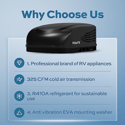 FOGATTI RV Air Conditioner with Heat Strip, 15000 BTU Non-Ducted RV AC 115V(AC) All-in-One Unit RV Rooftop AC for Cooling and Heating, Air Distribution Box (Black)