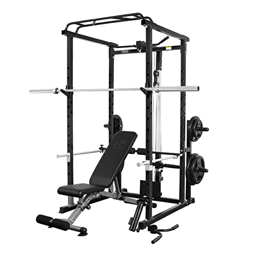 RitFit Garage & Home Gym Package Includes Optional 1000LBS Power Cage with LAT Pull Down,Weight Bench, Barbell Set with Olympic Barbell (Package 1.5K (Rubber Plate 230LBS))-Black
