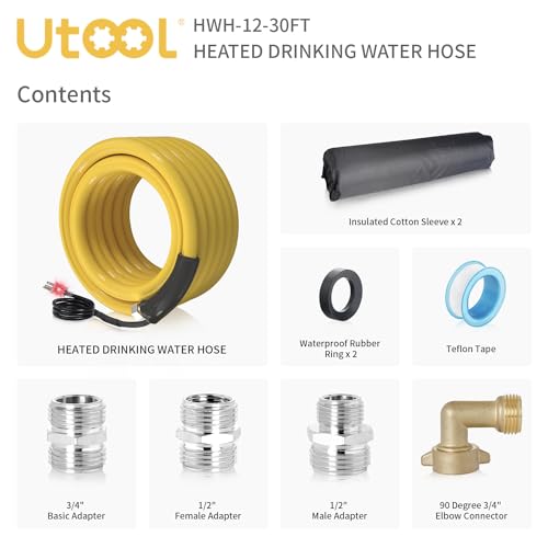 UTOOL 30 FT Heated Drinking Water Hose for RV, 1/2" Inner Diameter, Withstand Down to -45℉/-43°C, with Versatile 90 Degree Adapters BPA Free, Freeze Protection for Garden, Truck, Yellow