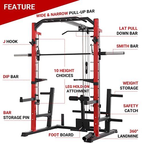 Mikolo Smith Machine, Power Cage Half Rack with LAT Pull Down System, Weight Cage Squat Rack with Leg Holdown Attachment, J-Hooks, Landmine, T-Bar, Dip Bars, and Other Attachments (2022 New Version)