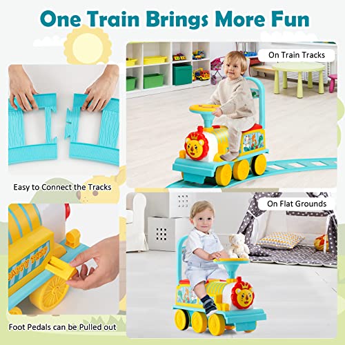 HONEY JOY Ride On Train with Tracks, 6V Battery Powered Electric Ride On Toy for Kids, 16 PCS Tracks, Flashing Lights & Music, Storage Seat, Playable Without Tracks, Gift for Boys Girls (Blue)