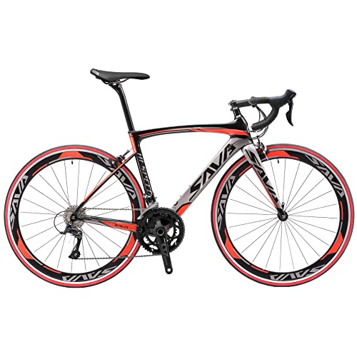 SAVADECK Carbon Road Bike, Warwinds3.0 700C Carbon Fiber Racing Bicycle with SORA 18 Speed Derailleur System and Double V Brake (Red, 56cm)