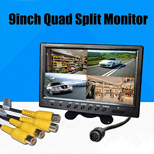 9 Inch Backup Camera Monitor Only, Quad Split Screen,Hikity 4 Channels RCA Video Inputs HD Vehicle Rear View Reverse Color TFT LCD Display Screen for Car SUV Van Truck Pickup