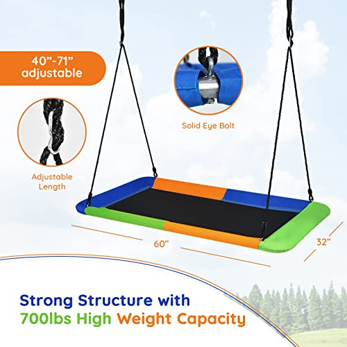 Costzon 700lb Giant 60'' Platform Saucer Tree Swing Set for Kids and Adult, Wear- Resistant Indoor/Outdoor Rectangle Swing w/ Durable Steel Frame and 2 Hanging Straps for Porch, Backyard (Multicolor)
