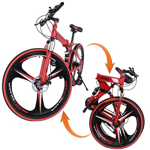 Kusou 26 inch Folding Mountain Bike Foldable Road Bikes 21 Speed Full Suspension MTB Red Bicycle Double Disc Brake Shimanos High Carbon Steel Sports Wheels for Adults Teens Men Women