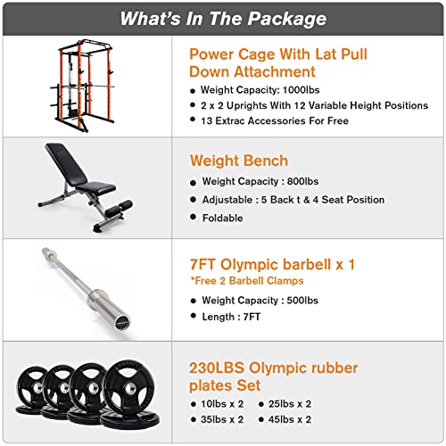 RitFit Garage & Home Gym Package Includes Optional 1000LBS Power Cage with LAT Pull Down,Weight Bench, Barbell Set with Olympic Barbell (Package 1.5K (Rubber Plate 230LBS))-Orange