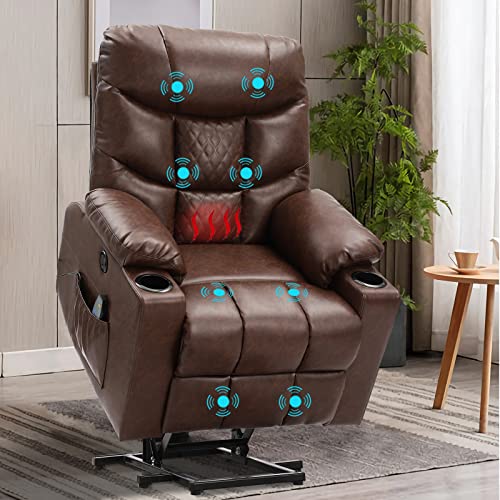 Power Lift Recliner Chairs for Elderly with Massage & Heating, Leather Sleeper Chair Sofa Recliners for Living Room, Comfy Home Theater Seat Infinite Position/Cup Holders/USB Port/Free Pillow