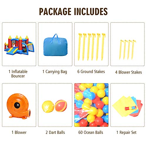 BOUNTECH Inflatable Bounce House, 6 in 1 Jump 'n Slide Bouncer w/ Large Jumping Area, Slide, Including Bag, Repair Kit, Stakes, Ocean Balls, Bouncy House for Kids Outdoor (with 740W Air Blower)