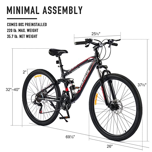 Viribus Adult Mountain Bike, 21 Speed 26 Inch All Terrain Bicycle with Aluminum Frame, MTB with Full Suspension Dual Disc Brakes Adjustable Seat More, On or Offroad Bike for Men and Women