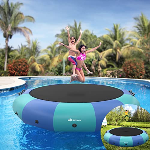 Goplus Inflatable Water Trampoline, 10FT/12FT/15FT Recreational Water Bouncer w/ Electric Inflator, Rope Ladder, Mooring Ropes & Anchor, Portable Bounce Swim Platform for Lakes, Pools, Calm Sea