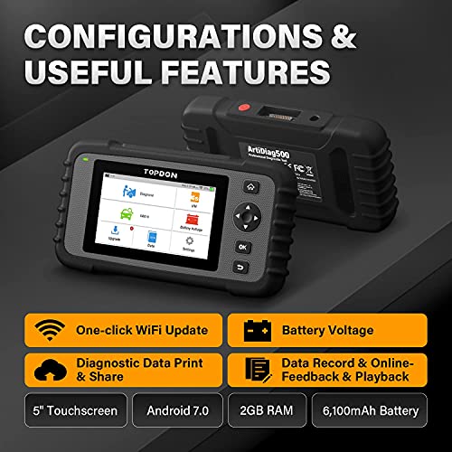 OBD2 Scanner, TOPDON ArtiDiag500 Scan Tool, 2022 Newest Check Engine/SRS/ABS/Transmission Code Reader, Diagnostic Scanner, AutoVIN, DTC Library, Battery Test, 5.0” Touchscreen, Free Lifetime Update