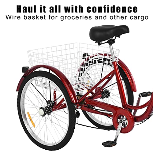Ongmies Adult Tricycle Bikes 24" with Basket, 3 Wheels Cruise Trike, 1/7 Speed 3-Wheel for Shopping, with Installation Tools, Comfortable Bicycles, for Men and Women, load capacity 330 lbs (Retro Red)