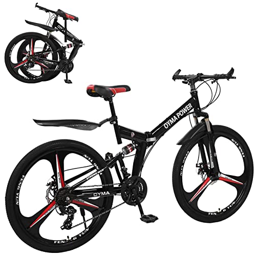 Kiosan Mountain Bike for Men 26 inch Folding Bike Full Suspension, 21 Speed High-Tensile Carbon Steel Frame MTB, Dual Disc Brake Bicycle for Women Bicicletas para Hombres (Black #3 Spoke)