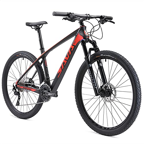 SAVADECK Carbon Fiber Mountain Bike, DECK6.0 15''/17''/19'' Carbon Frame Carbon Fork, 27.5/29'' Wheels MTB Bicycle 30 Speed with Shimano DEORE M6000 Groupsets, Red 27.5x17''