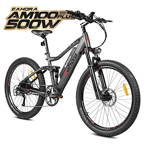 eAhora 500W Electric Bike 27.5'' AM100 Mountain Electric Bikes for Adults 48V 14AH Ebike Battery, Hydraulic Brakes, Full Air Suspension, Smart LCD Display, 9 Speed Gears