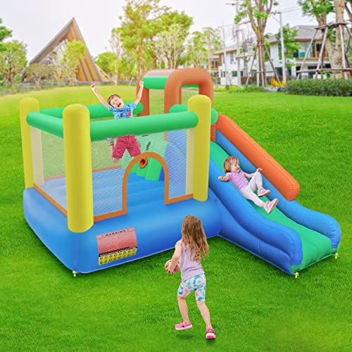 Amictoy Inflatable Bounce House with Long Slide, Large Bouncing Area, Basketball Hoop, Kids Jumping Castle Slide Bouncer for Backyards, Indoors and More Without Blower