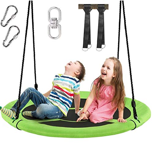 Costzon 40'' Flying Saucer Tree Swing for Kids Adult, Indoor Outdoor 700 Lbs 900D Round Swing w/ Multi-ply Rope, Height Adjustable, Suitable for Tree, Swing Set, Backyard (Strengthen Green)