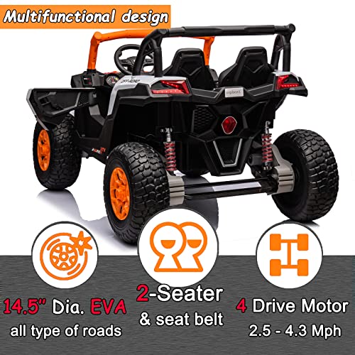 Sopbost 24V Kids UTV 2 Seater Ride On Buggy 4×4 Ride On Car with Remote Control Battery Powered Electric Vehicle with EVA Tires, Ride On Truck for Boys Girls with Spring Suspension, Music (Orange)