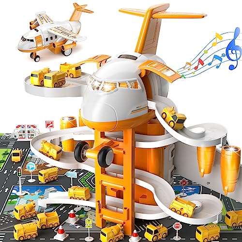 TEMI Kids Airplane Toys Race Track Car Toys for 3 4 5 6 7 Boys - Transport Plane Adventure Car Toys for Toddler Age 2-6 with 8 Construction Car, Garage Parking Lot Playmat, Birthday Gift for Girl