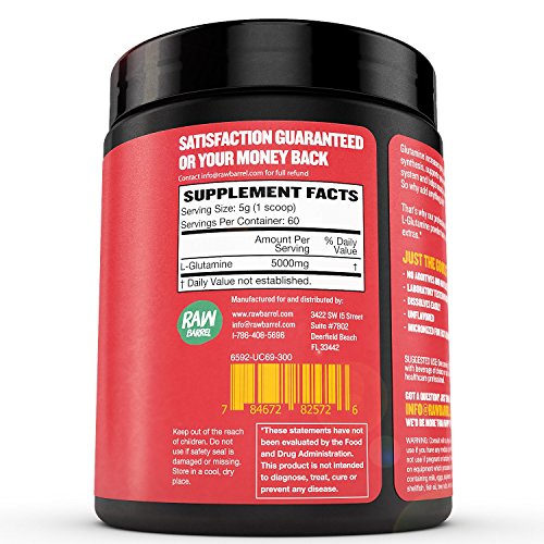 Glutamine Powder - Pure, Unflavored and Micronized L-Glutamine Amino Acid Supplement - 300g, 10.5oz, 60 Servings - Non GMO, Naturally Vegan, Vegetarian Friendly and Gluten Free - by Raw Barrel