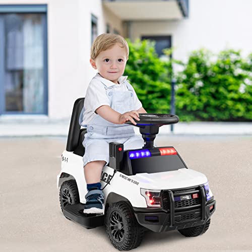 HONEY JOY Electric Ride on Push Car, 6V Foot-to-Floor Cop Push Cars for Toddlers, Megaphone, Lights, Siren, Under Seat Storage, Battery Powered Ride On Police Car for Kids Boys Girls 1-3, White