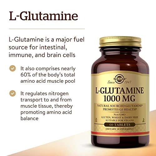 Solgar L-Glutamine 1000 mg, 60 Tablets - Natural Muscle Food - Promotes Gastrointestinal (GI) Health - Supports Brain Health - Non-GMO, Vegan, Gluten Free, Dairy Free, Kosher - 30 Servings