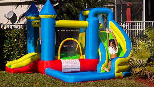 INFLAPLAY Bounce House with Water Slide - Heavy Duty Inflatable Jumping Area with Splash Pool, Climbing Wall, Sprinkler - Playset with Blower, Ground Stakes, Repair Kit, Carrying Bag