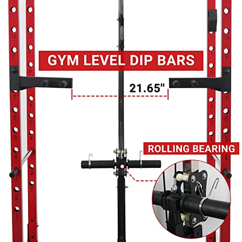 Mikolo Power Cage with LAT Pulldown System, 1200LBS Capacity Power Rack, Multi-Functional Squat Rack with 13-Level Adjustable Height and J-Hooks, Dip Bars, T-Bar (2022 Version-Red)