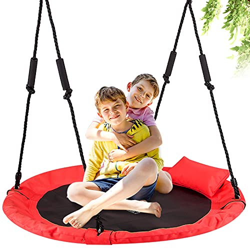 LITTLELOGIQ Saucer Tree Swing for Kids, 40 Inch Outdoor Swing Sets for Backyard, Round Flying Swing Seat with 2 Hanging Straps, 700lb Capacity, Adjustable Ropes, Gift for Adults, Boys, Girls - Red