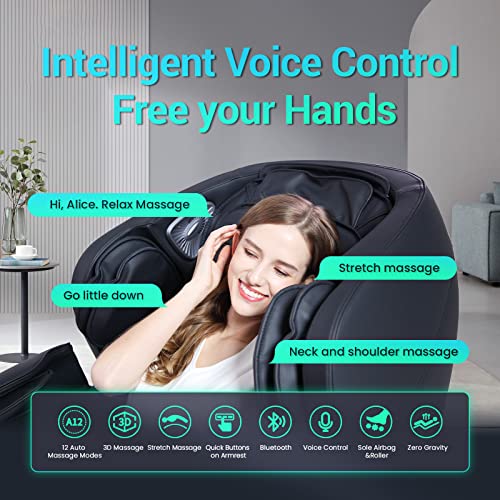 Massage Chair Full Body Recliner, HealthRelife with Heat Zero Gravity Air Pressure SL Track Intelligent Voice Control Airbags, Foot Roller Bluetooth Speaker Space-Saving Gift Mother's Day, Black