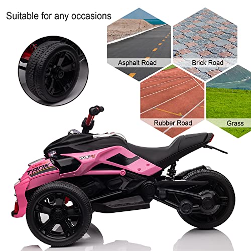 POSTACK Kids Ride On ATV, 24V 3 Wheeler Motorcycle for Kids, Battery Powered Kids Electric Vehicle with Rubber Plastic Polymerized EVA Tire, Ride On Toy for Boys Girls w/Bluetooth, Music, Pink