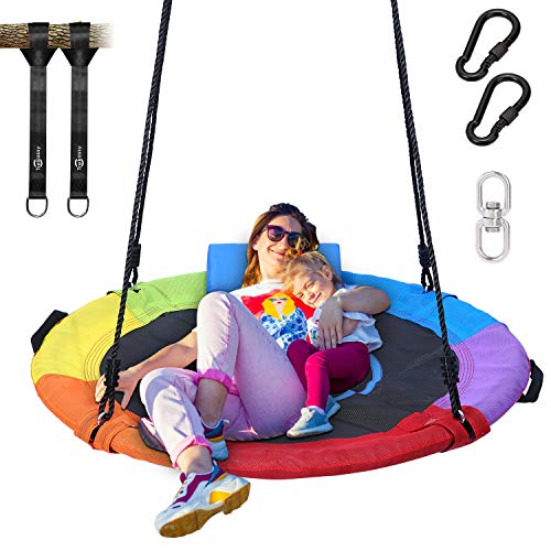 Trekassy 750lbs 40 Inch Saucer Tree Swing for Kids Adults Textilene Wear-Resistant with Pillow, Swivel, 2pcs 10ft Tree Hanging Straps